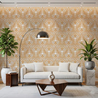 Botanical folk floral wallpaper set in a neutral sitting room