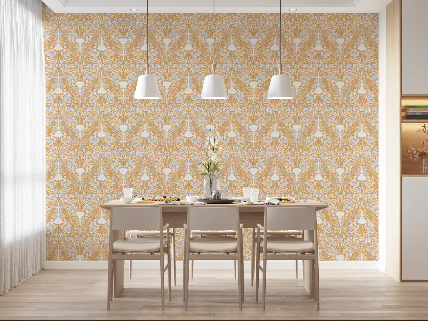 White botanical motifs mirrored on golden amber folk floral wallpaper