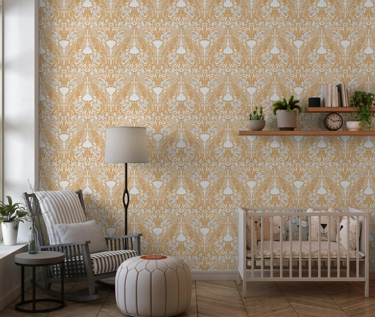 Full pattern repeat of the amber and white folk floral wallpaper