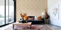 Curved leaf forms and petal clusters on the folk floral wallpaper