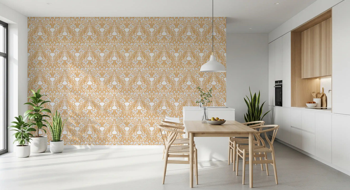 Amber folk floral wallpaper covering a bright open Dining room
