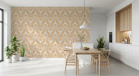 Amber folk floral wallpaper covering a bright open Dining room