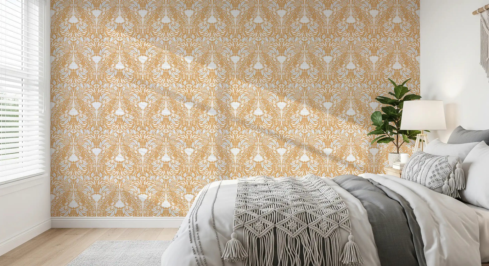 Golden amber folk floral wallpaper covering the complete Bedroom 