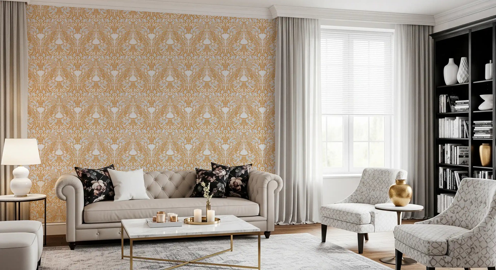 folk floral wallpaper spanning the full lounge area surface