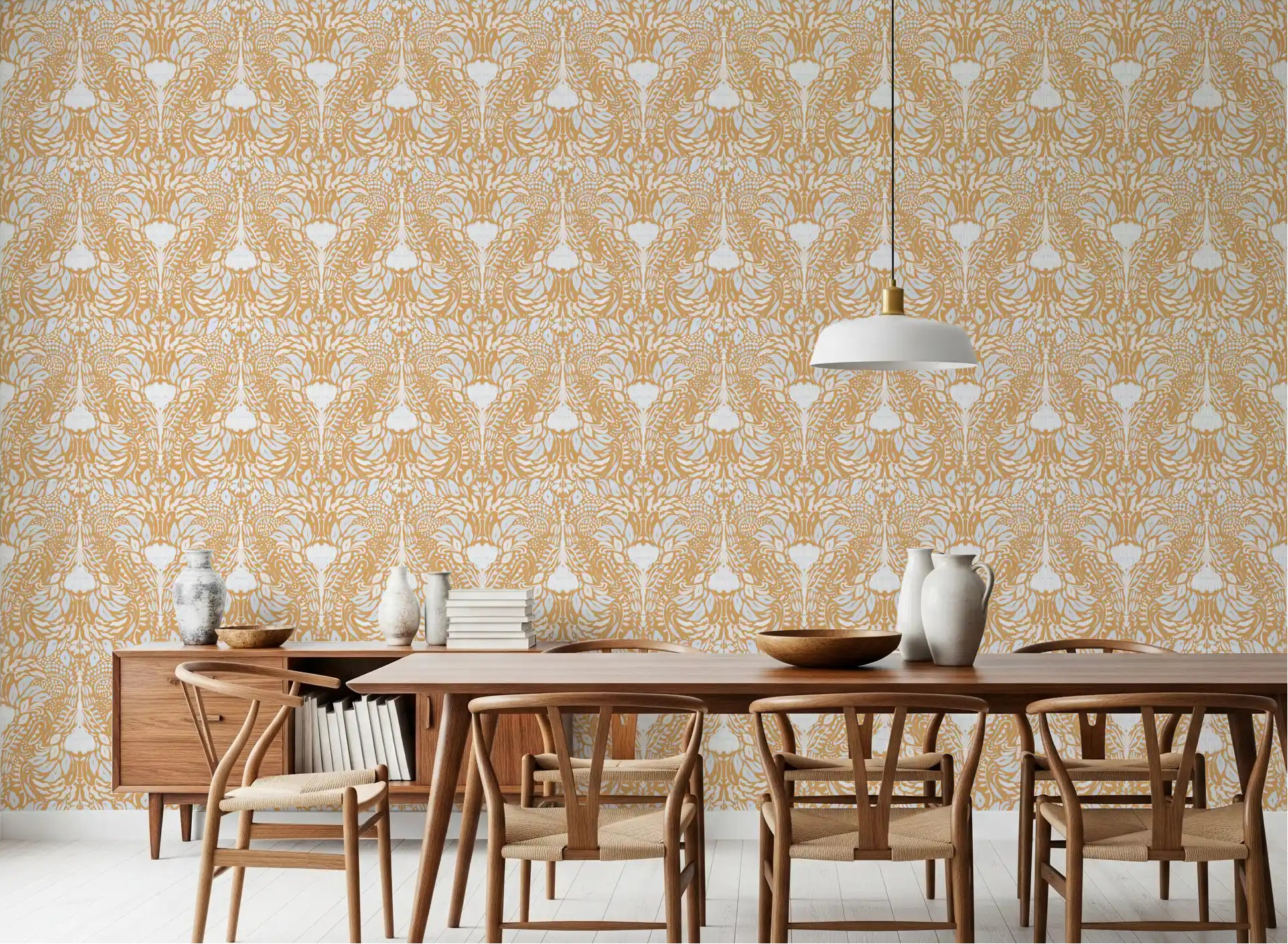 Golden Folk Floral wallpaper covering the complete dining room