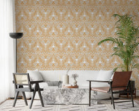 Amber and white folk floral wallpaper covering the full living room 