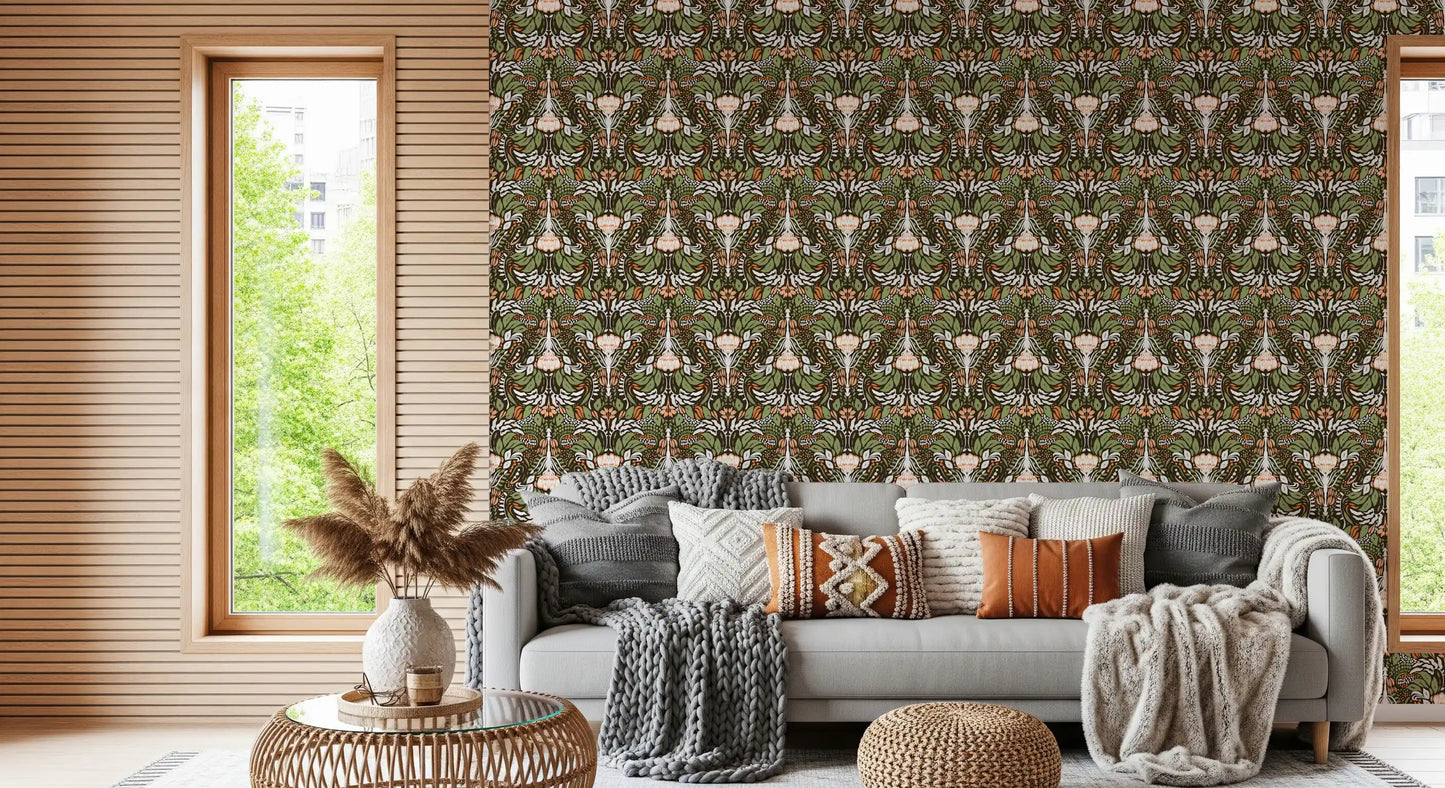 Olive green floral wallpaper with cream tulips on cocoa-brown ground