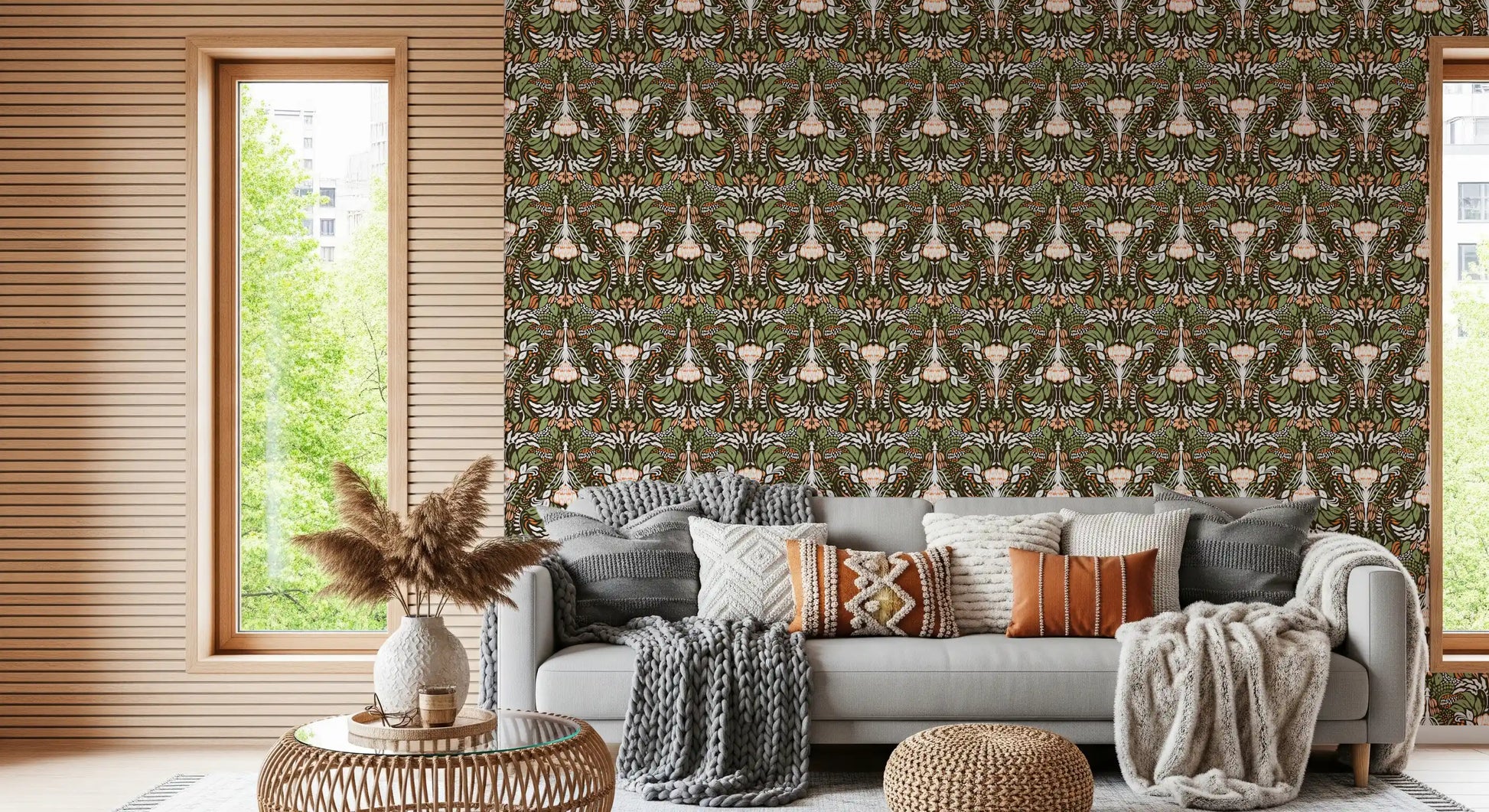 Olive green floral wallpaper with cream tulips on cocoa-brown ground