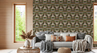 Olive green floral wallpaper with cream tulips on cocoa-brown ground
