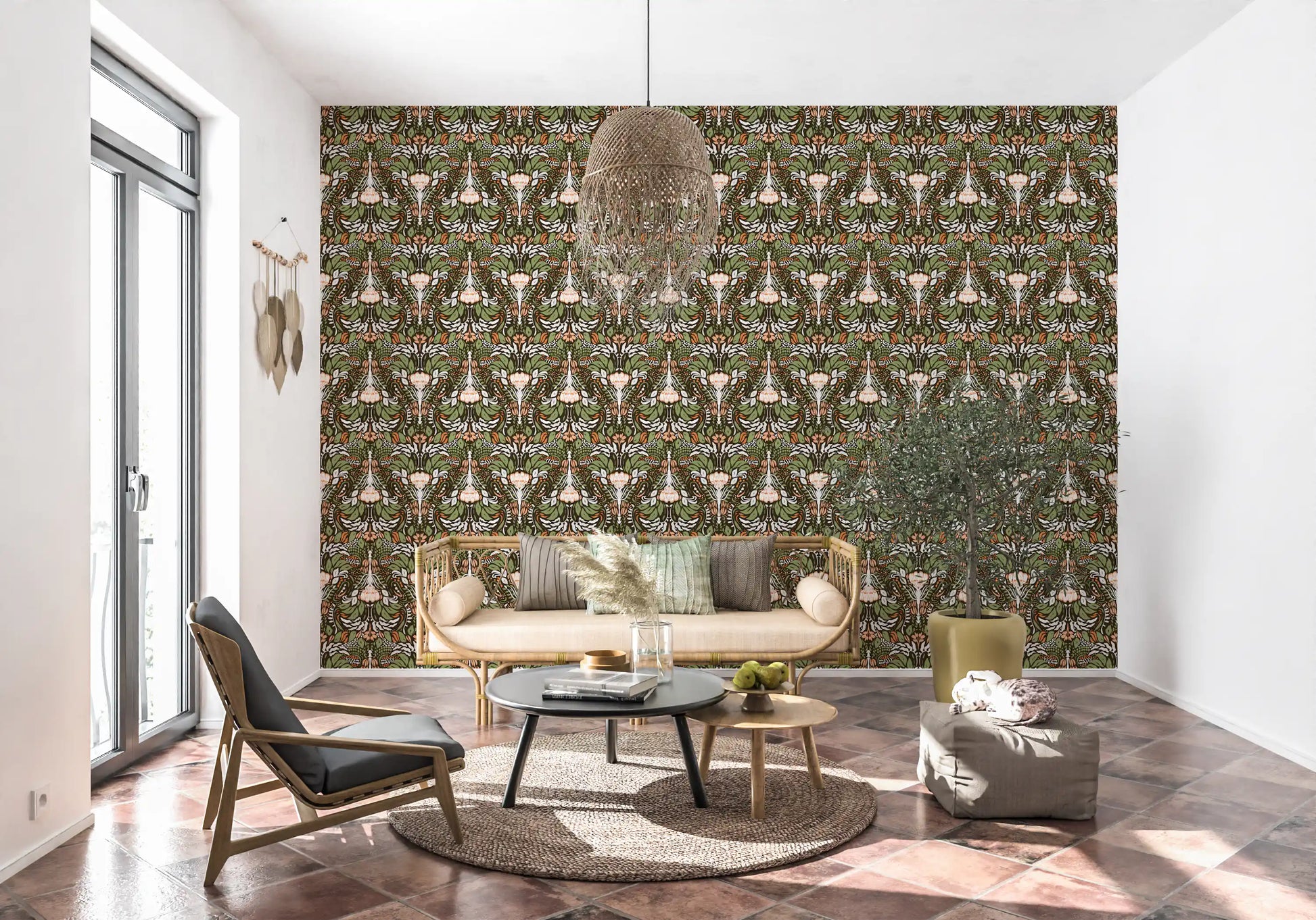 Living sitting area with William Morris-style botanical floral wallpaper