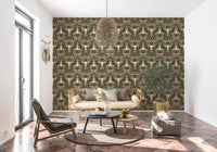 Living sitting area with William Morris-style botanical floral wallpaper
