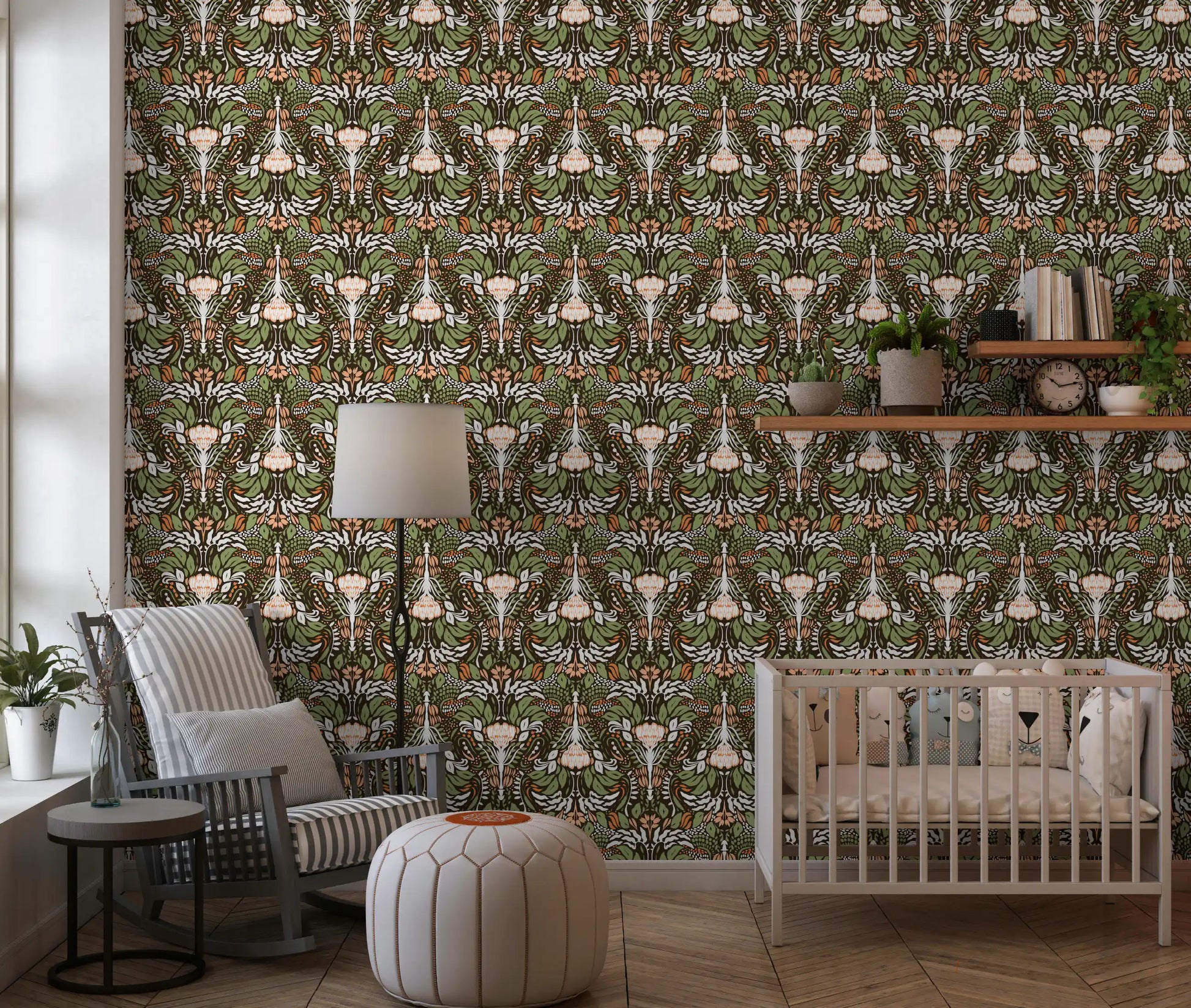 Arts-and-Crafts floral wallpaper with mirrored botanical pattern