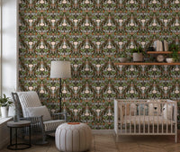 Arts-and-Crafts floral wallpaper with mirrored botanical pattern