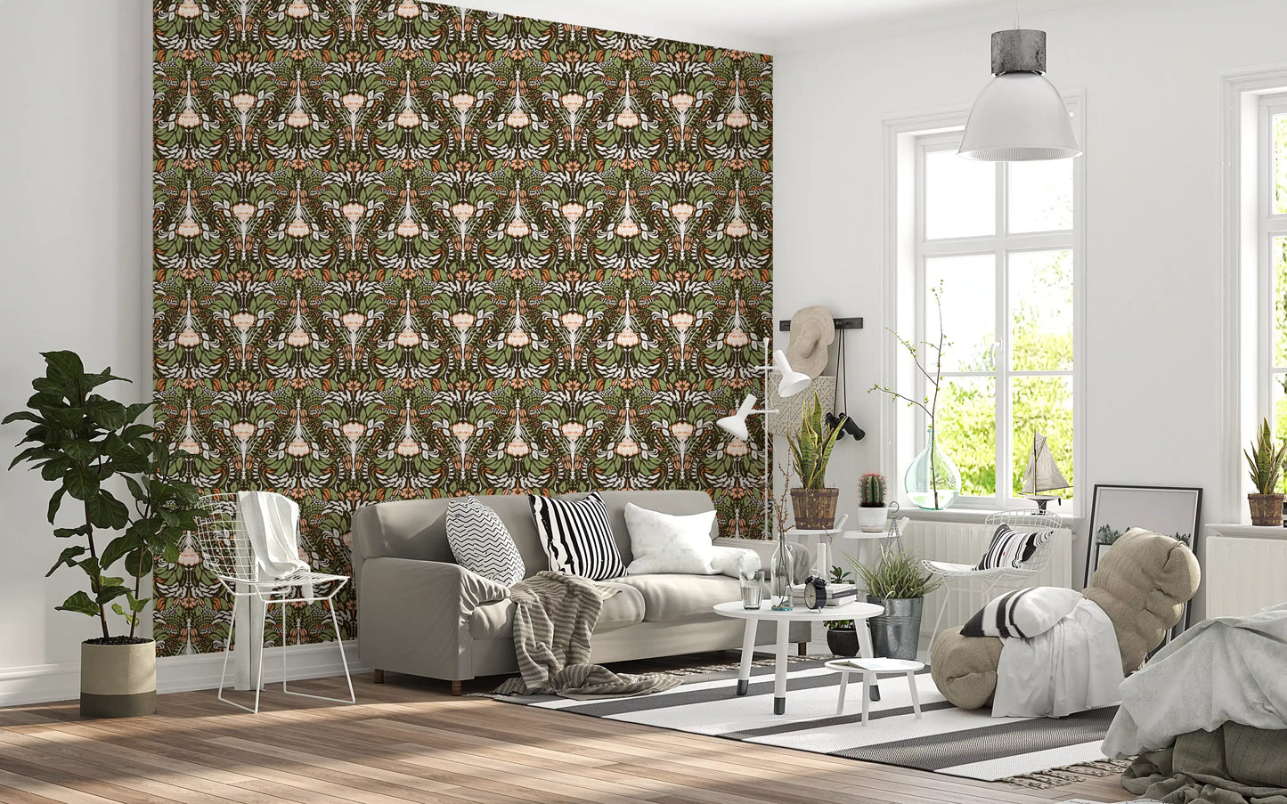 Lounge finished with earthy botanical floral wallpaper in olive and cream