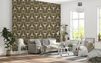 Lounge finished with earthy botanical floral wallpaper in olive and cream