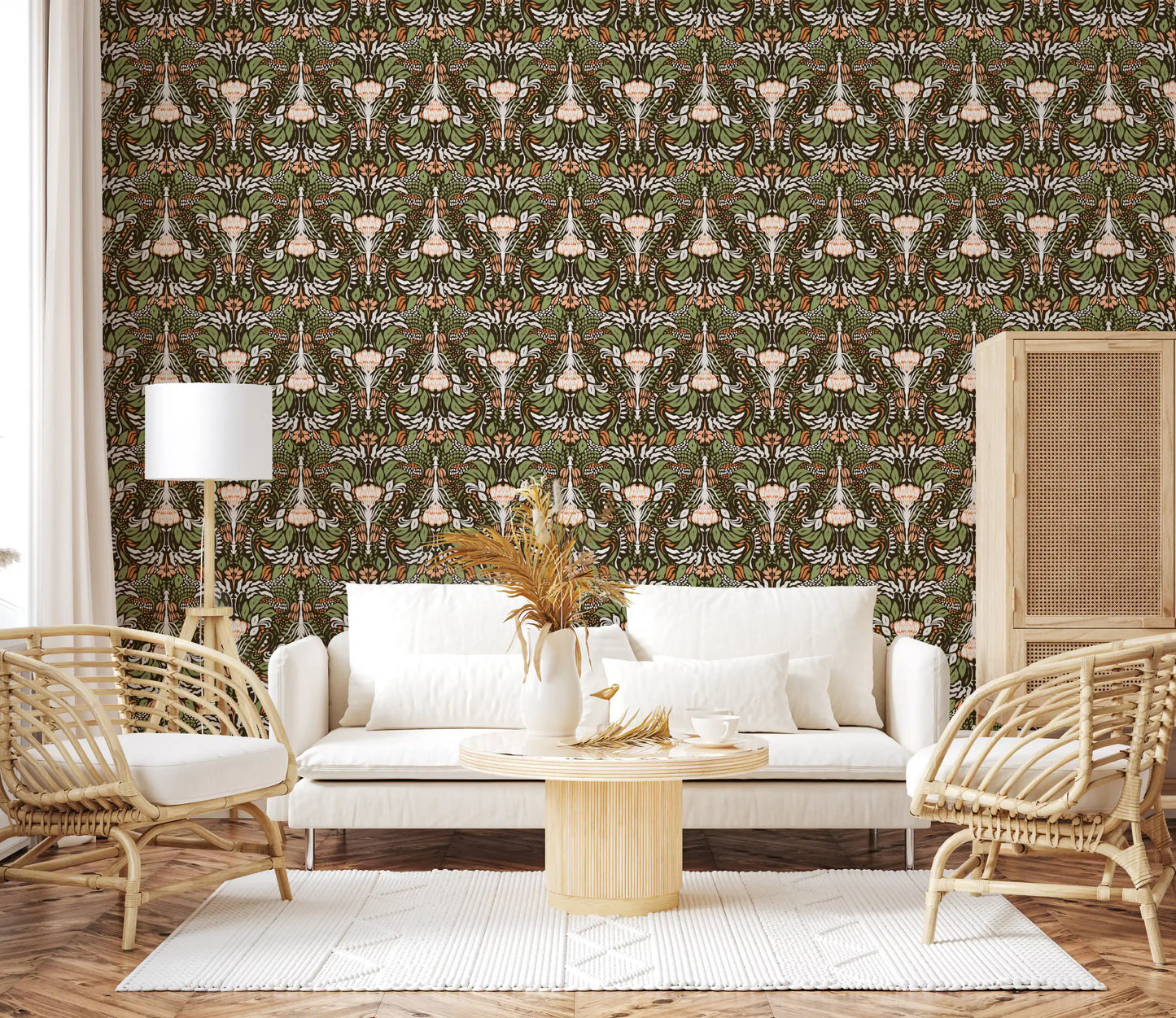Mirrored tulip motifs and olive foliage on earthy botanical wallpaper