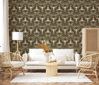 Mirrored tulip motifs and olive foliage on earthy botanical wallpaper