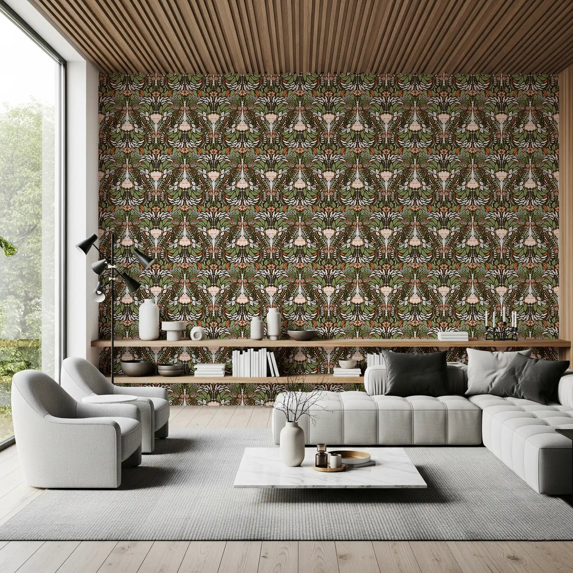Living room area feature with deep cocoa botanical wallpaper composition
