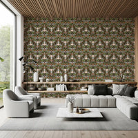 Living room area feature with deep cocoa botanical wallpaper composition