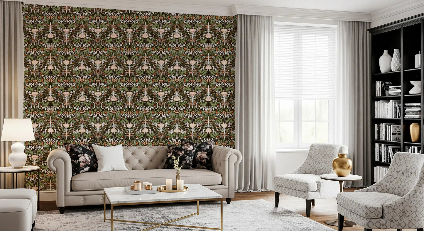 living room area showcasing olive green tulip wallpaper