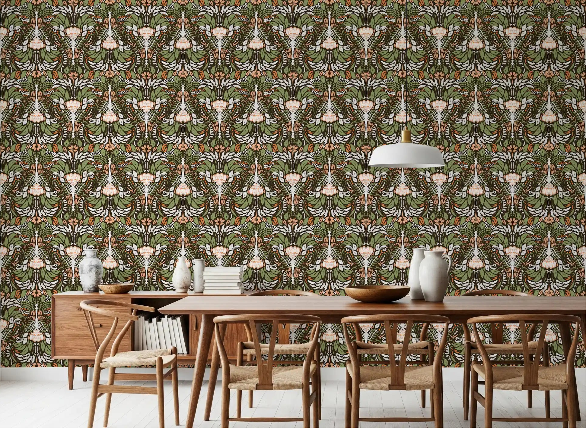 Dining room with earthy botanical floral wallpaper