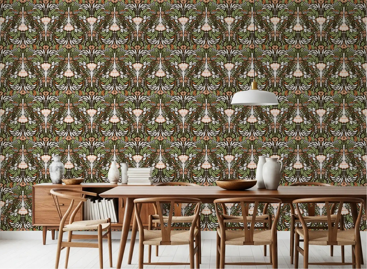 Dining room with earthy botanical floral wallpaper