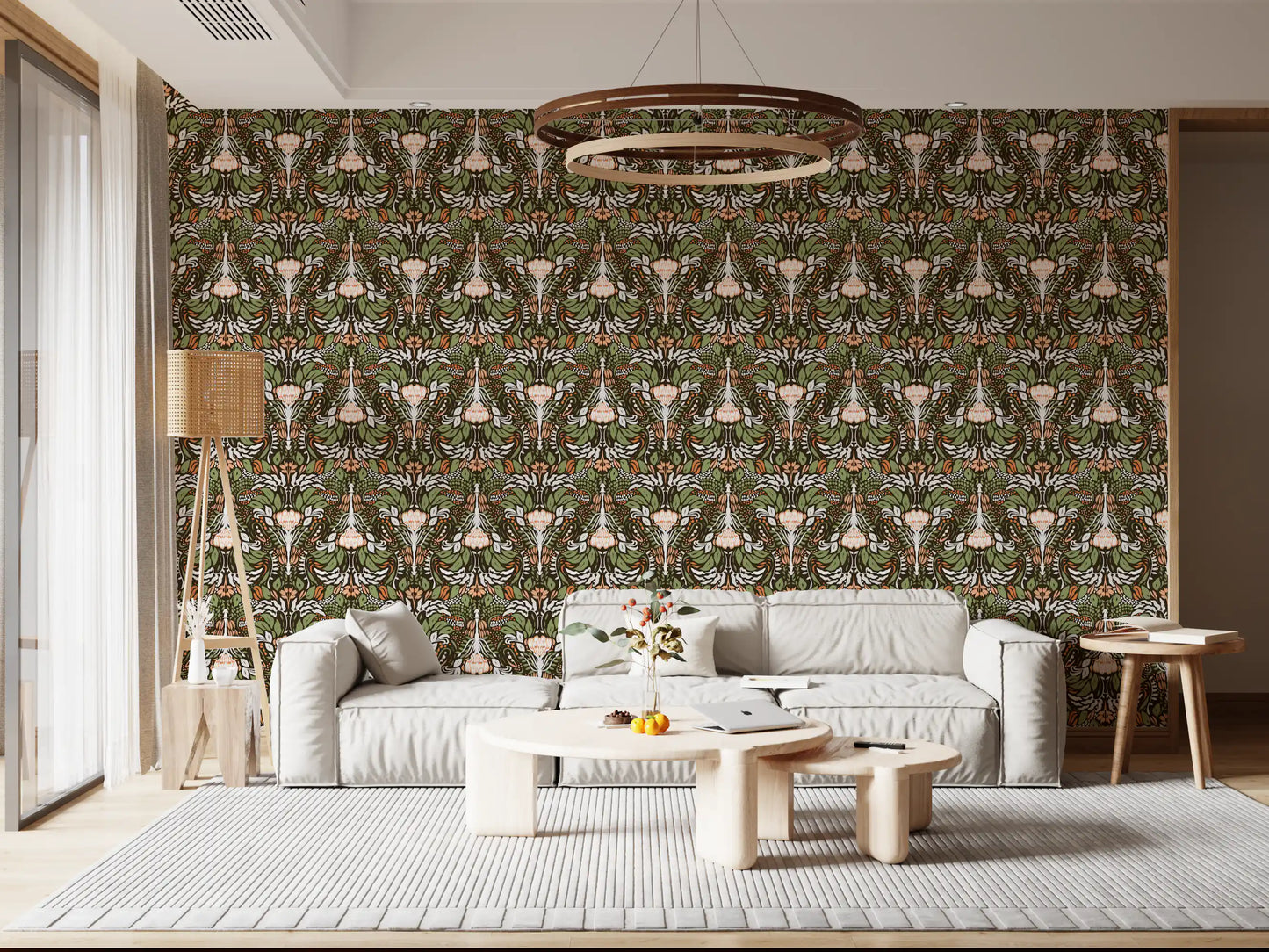 Cream tulip heads and olive foliage in earthy floral wallpaper