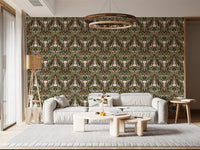 Cream tulip heads and olive foliage in earthy floral wallpaper