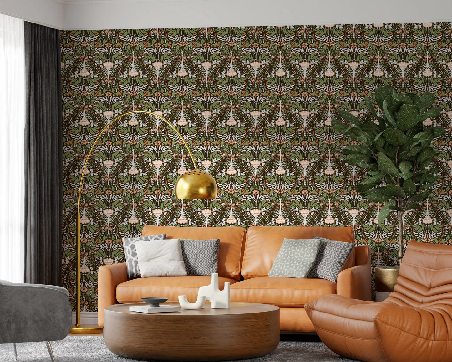 Living space styled with olive and cream botanical wallpaper backdrop