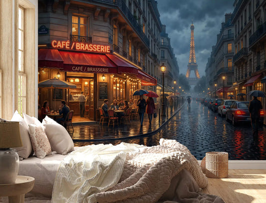 Bedroom showing rainy Paris cafe wall mural