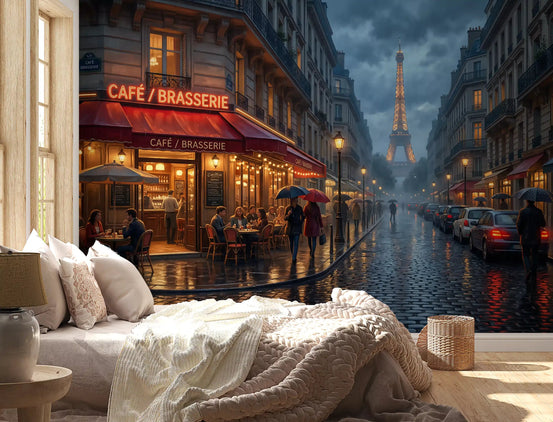 Bedroom showing rainy Paris cafe wall mural