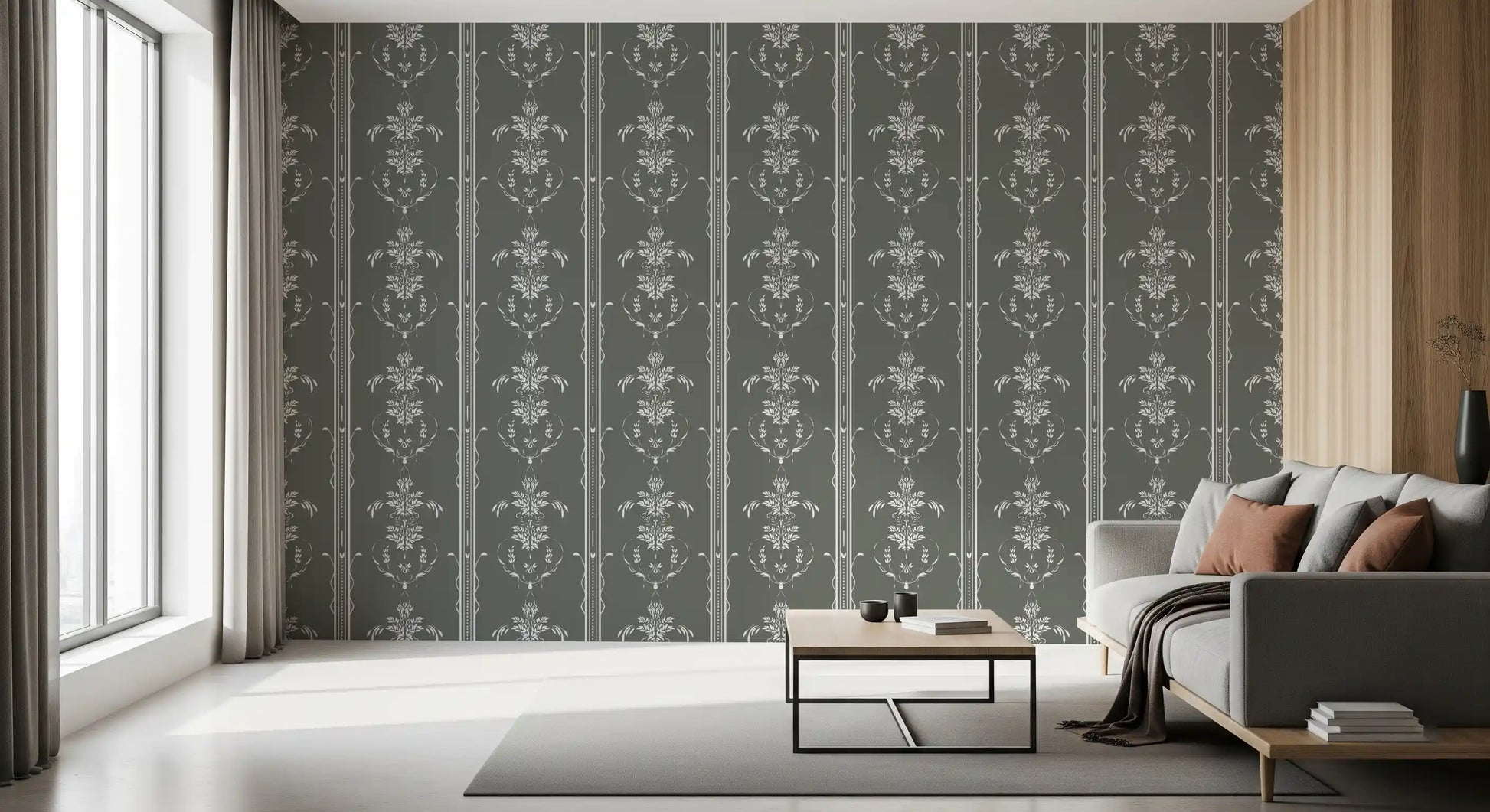 Calm columns of motifs finish the living room with this Gray Botanical wallpaper.
