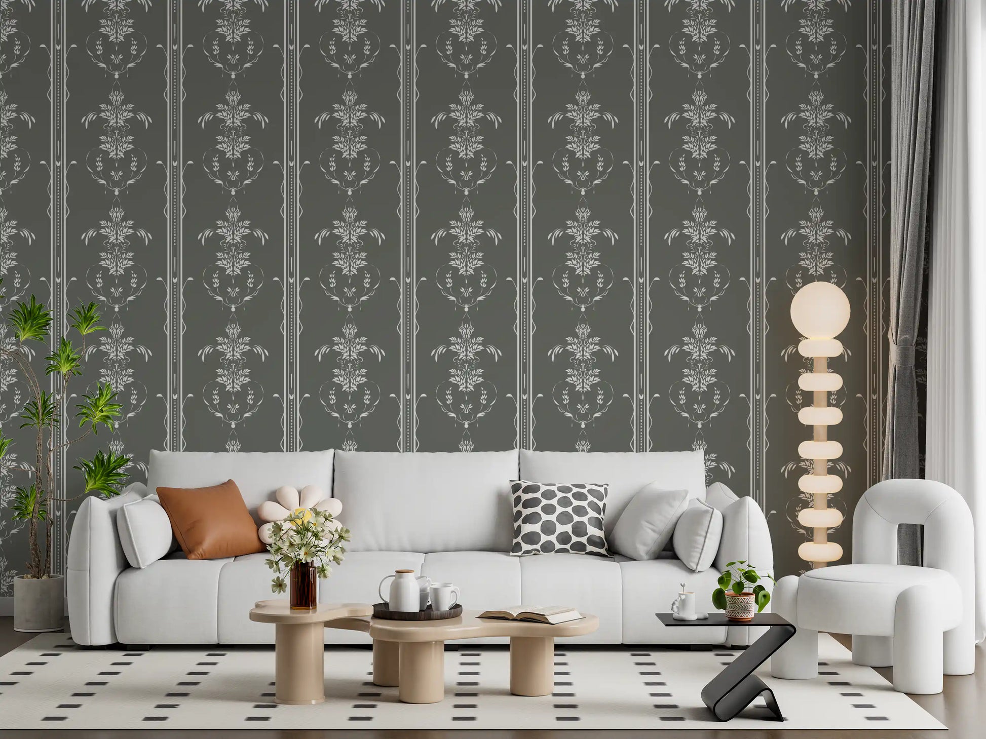 Stylized wheat sprigs and leaves rest between stripes on Cottagecore Gray wallpaper.