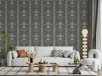 Stylized wheat sprigs and leaves rest between stripes on Cottagecore Gray wallpaper.