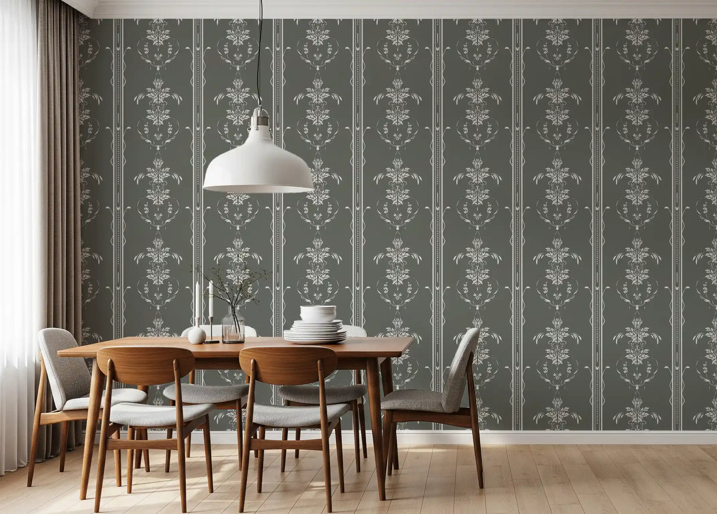 Botanical sprigs trim the kitchen-dining wall in Cottagecore Gray wallpaper.
