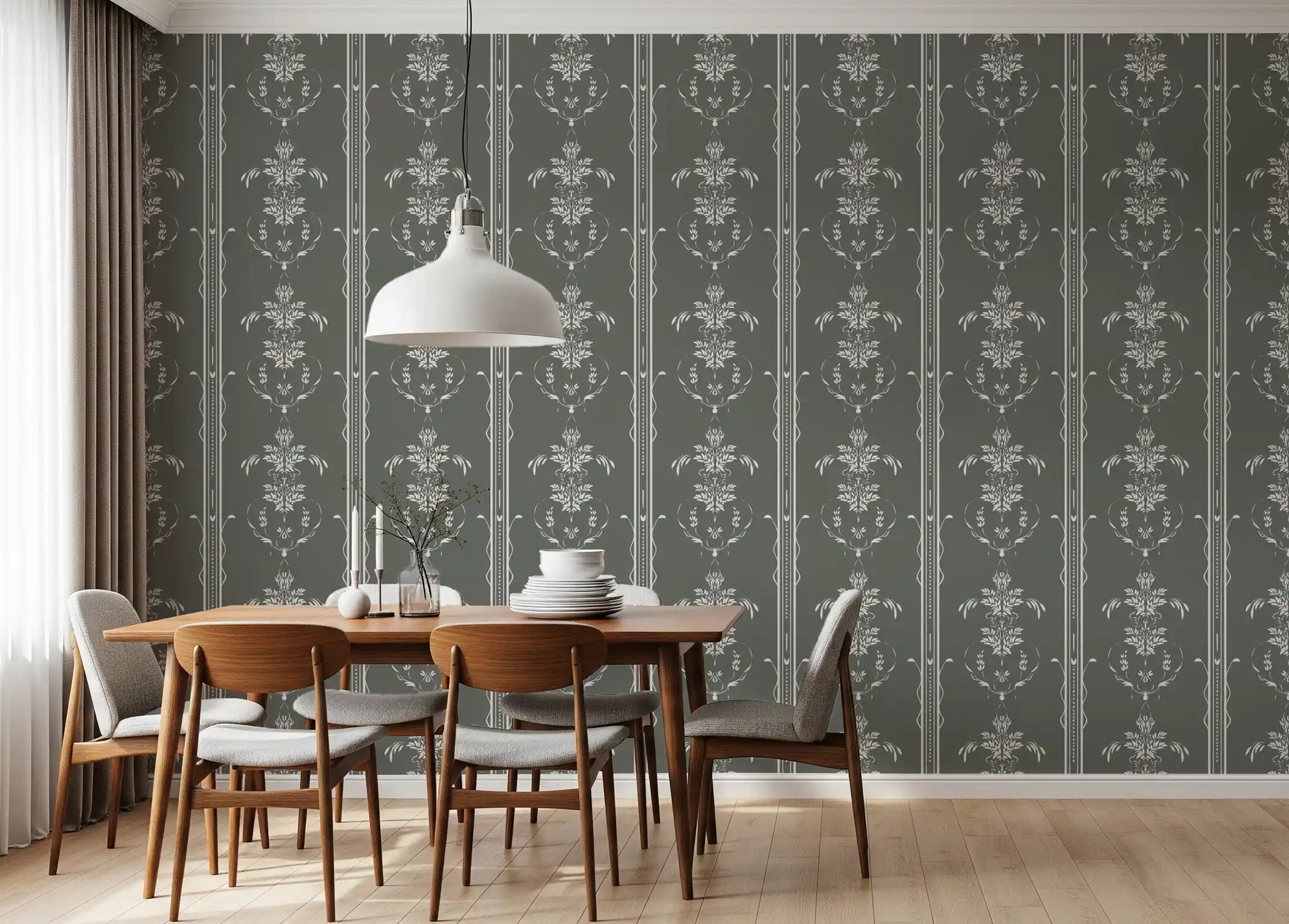 Botanical sprigs trim the kitchen-dining wall in Cottagecore Gray wallpaper.