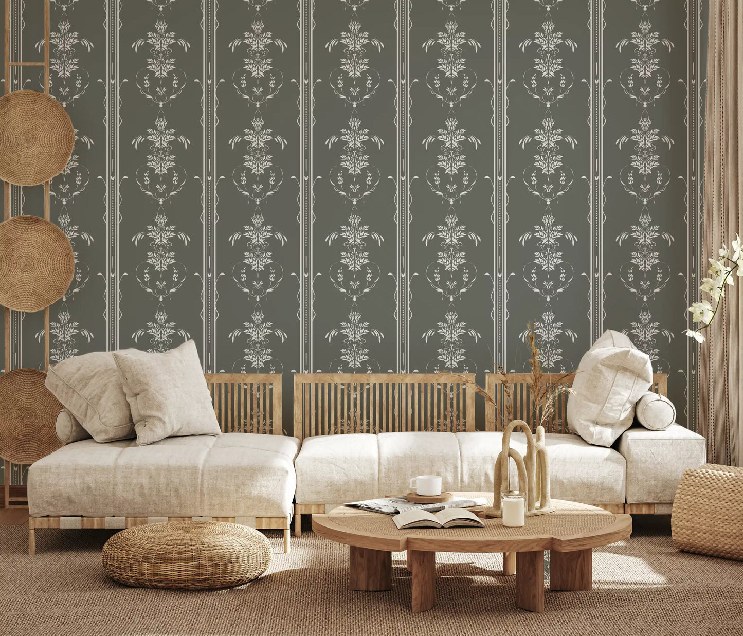 Mid gray ground holds the white botanical motifs of this Cottagecore wallpaper.