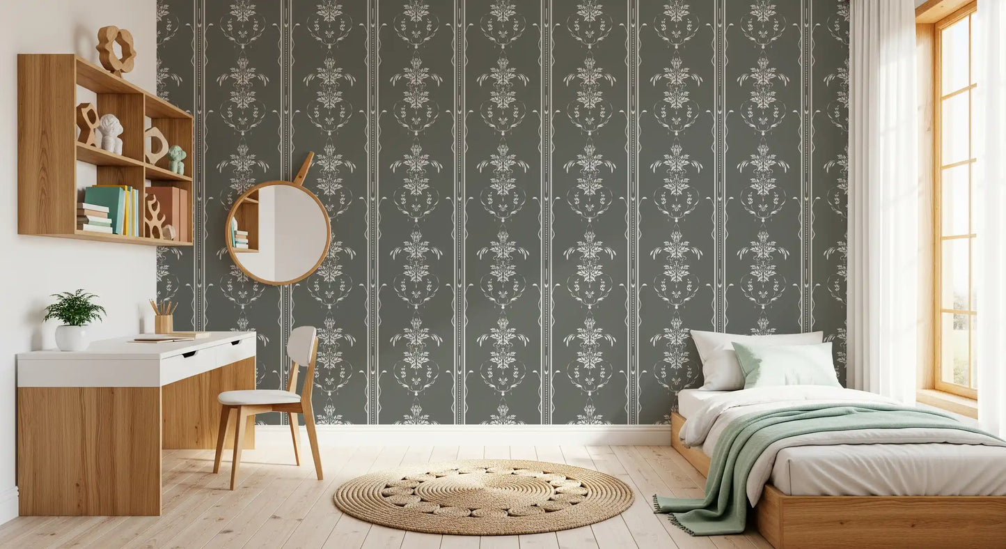 Slim dotted stripes divide each motif on Timeless Cottagecore wallpaper.