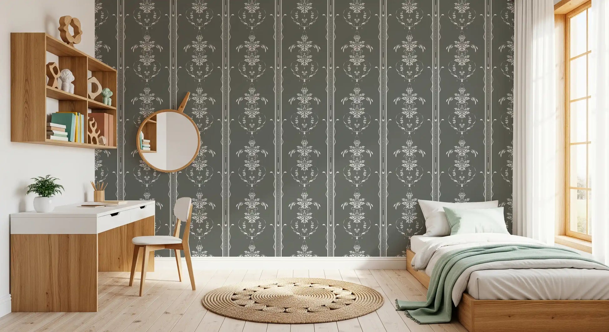 Slim dotted stripes divide each motif on Timeless Cottagecore wallpaper.
