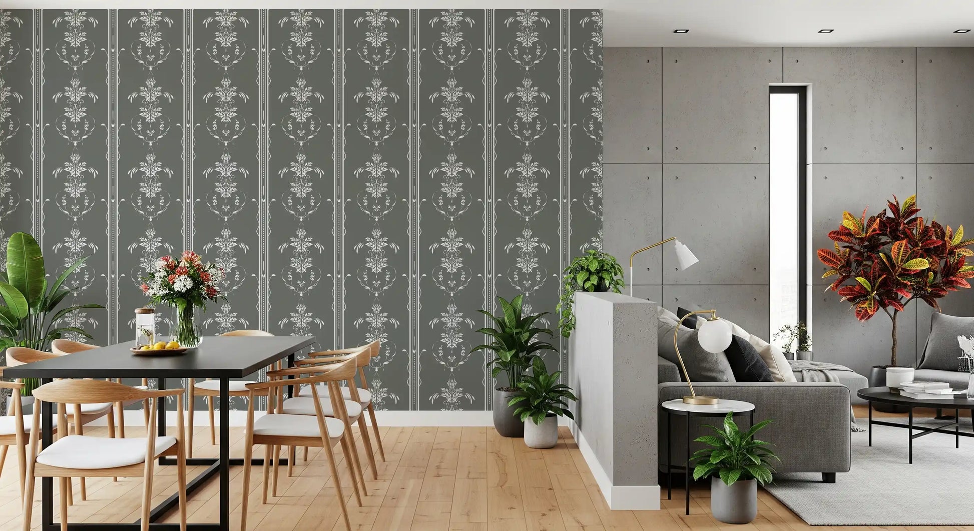 Vertical motifs grace the living - dining room with Timeless Cottagecore wallpaper.