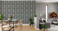 Vertical motifs grace the living - dining room with Timeless Cottagecore wallpaper.