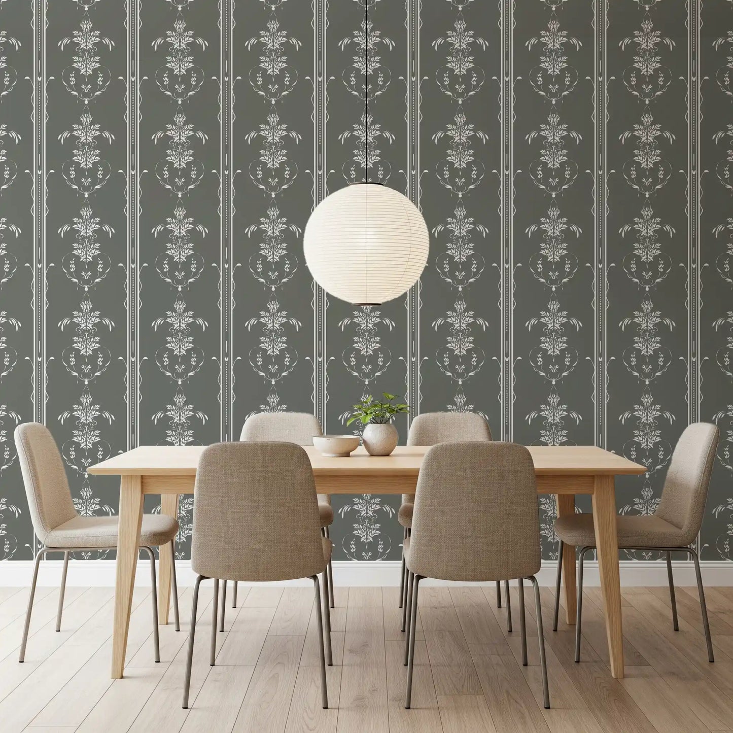 Off-white florals dot the Dining room across Cottagecore Gray Botanical wallpaper.
