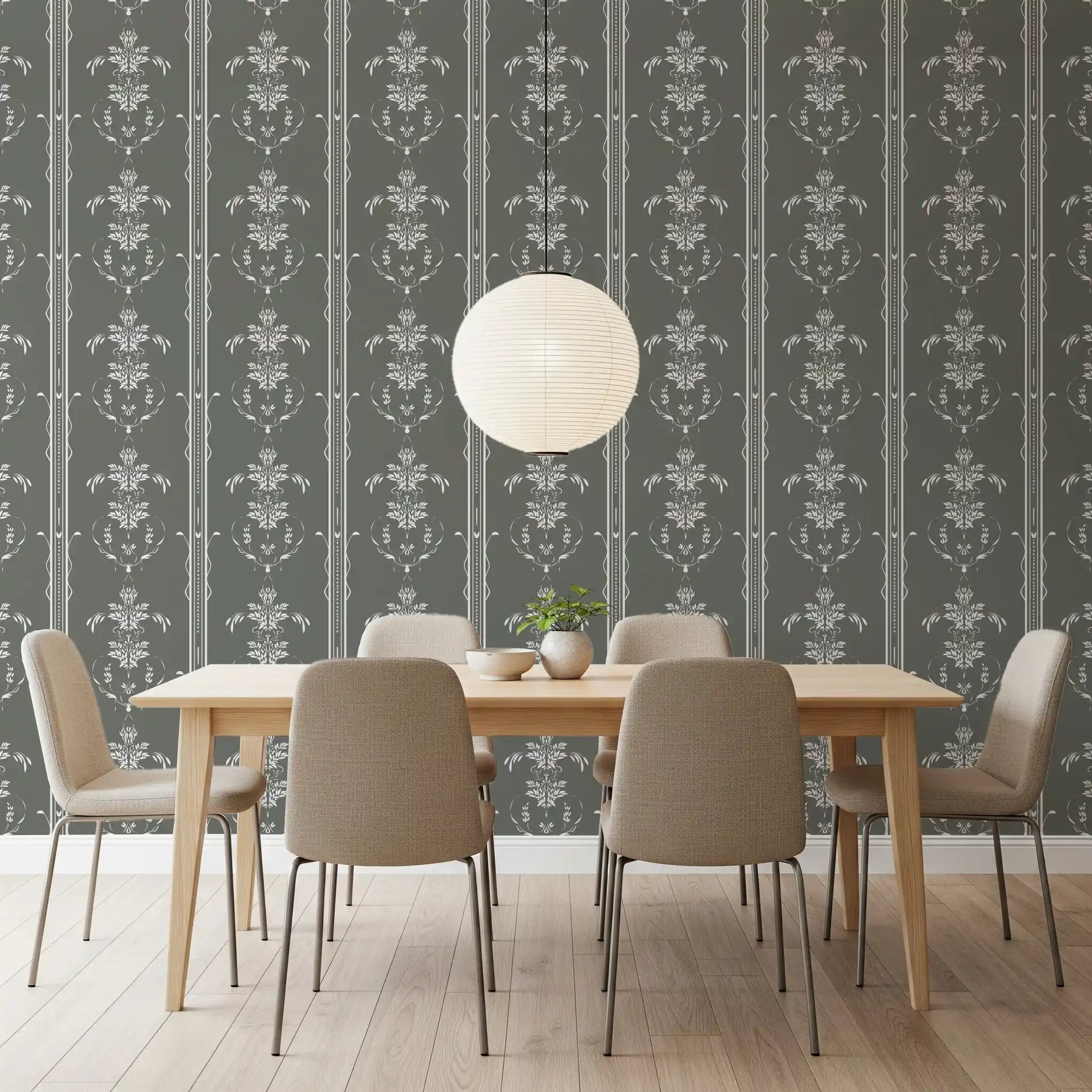 Off-white florals dot the Dining room across Cottagecore Gray Botanical wallpaper.