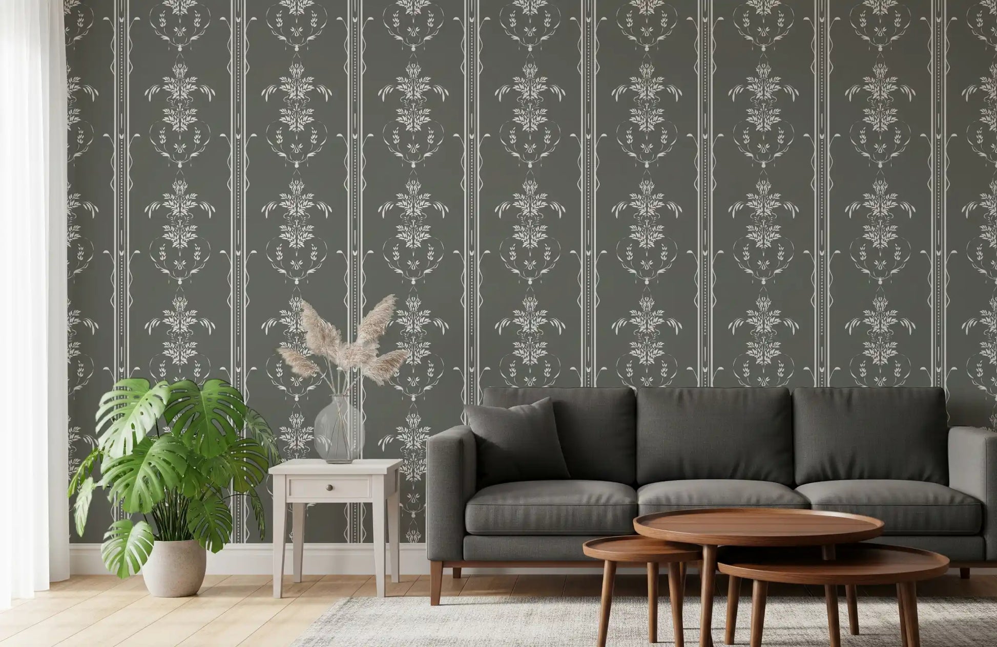Damask motifs repeat in neat vertical columns on Cottagecore Gray Botanical wallpaper.