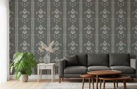 Damask motifs repeat in neat vertical columns on Cottagecore Gray Botanical wallpaper.