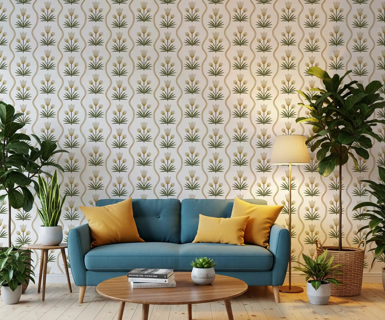 Cream and olive floral wallpaper rendered in clean folk-style symmetry