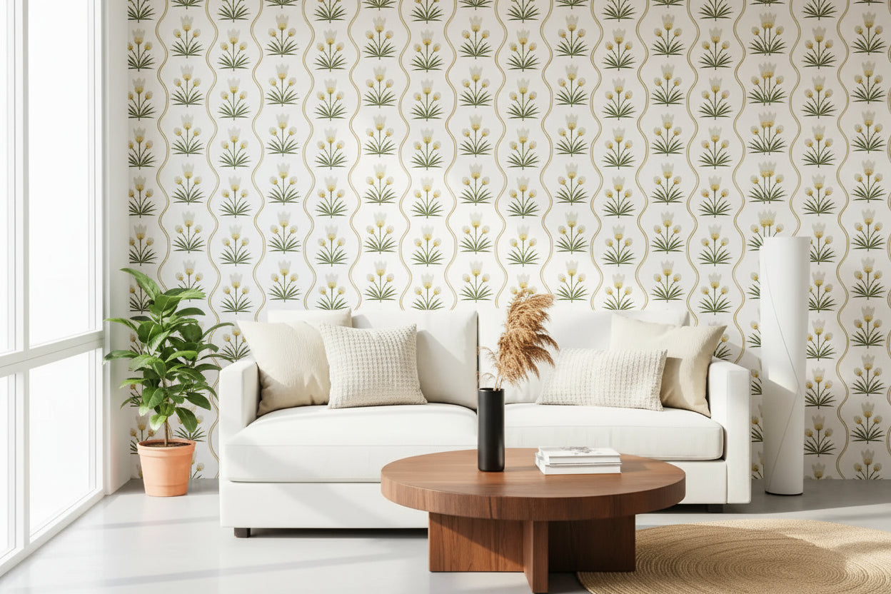 Living room styled in symmetrical floral wallpaper with cream tulips