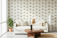 Living room styled in symmetrical floral wallpaper with cream tulips
