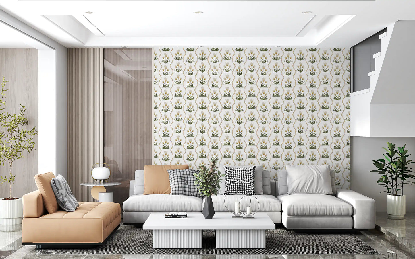 hallway dressed in symmetrical floral wallpaper in warm neutral tones
