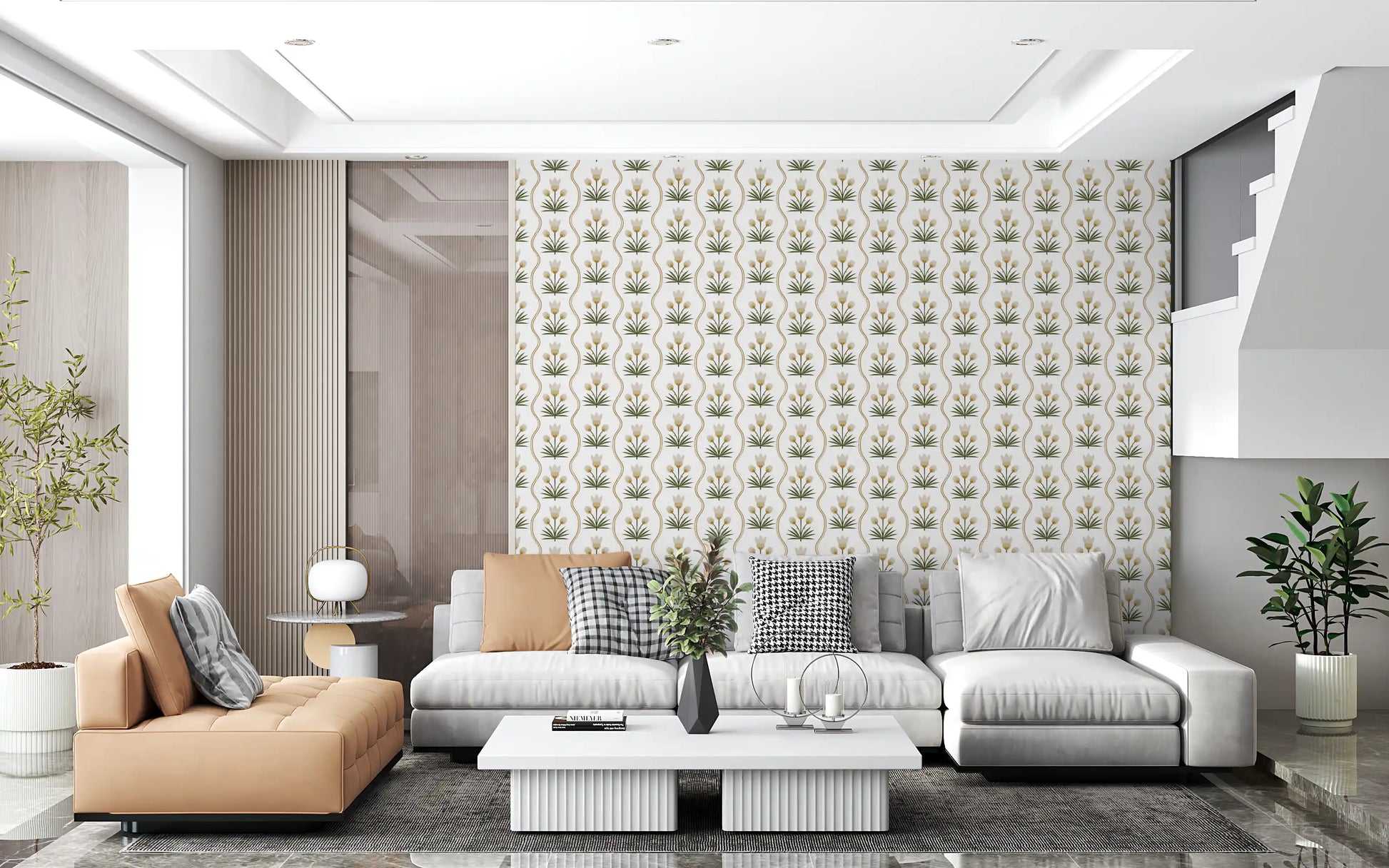hallway dressed in symmetrical floral wallpaper in warm neutral tones
